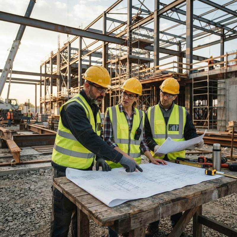 Construction supervisors reviewing technical drawings