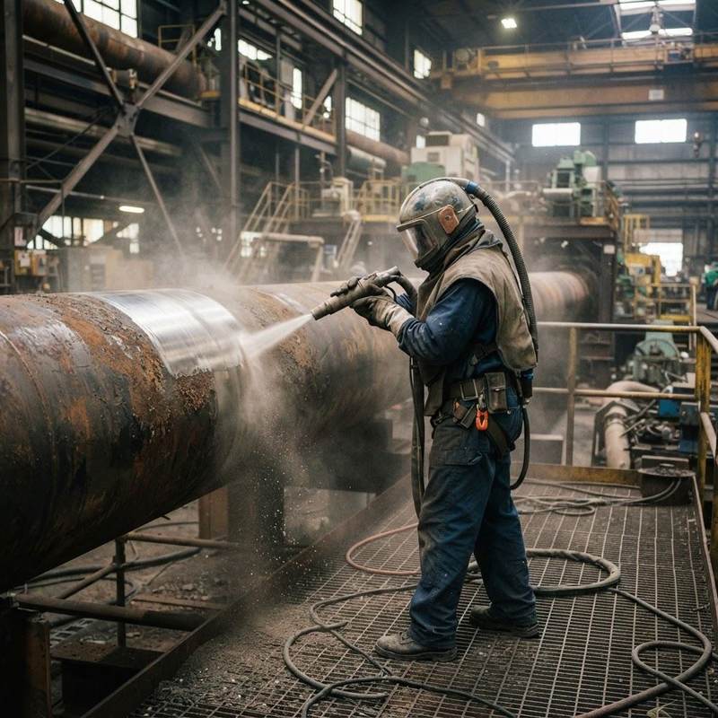 Worker sandblasting a pipe surface for corrosion protection