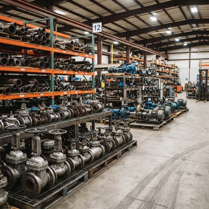 Industrial valves, pipes and pumps in a warehouse