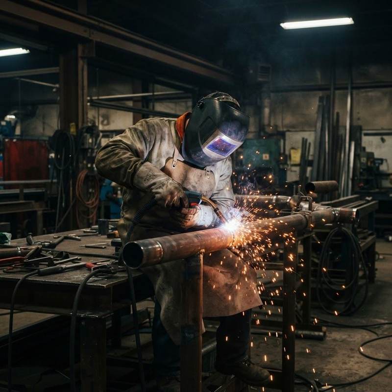 Metal worker welding steel pipes in a fabrication workshop