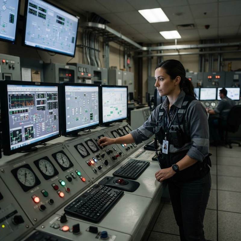 Technician monitoring control panels in an industrial control room