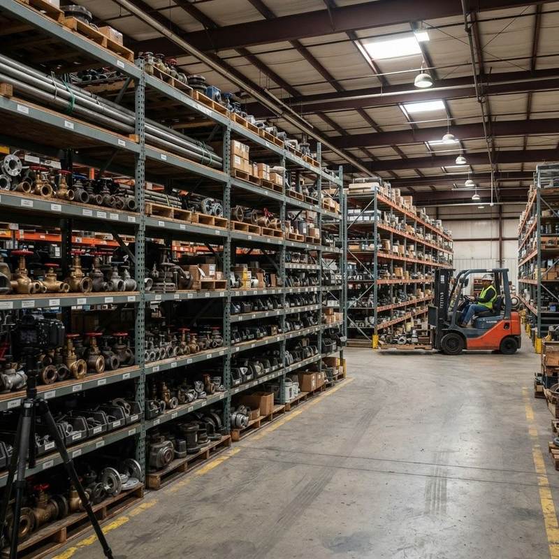 Industrial equipment warehouse with pipes and valves
