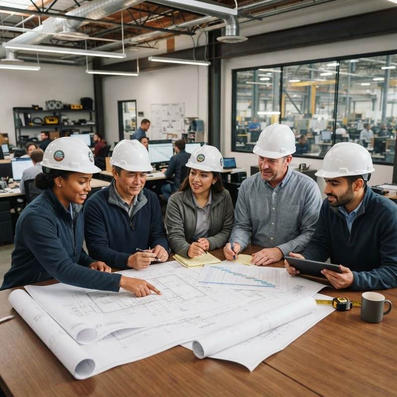 Engineering team reviewing project plans and schedules