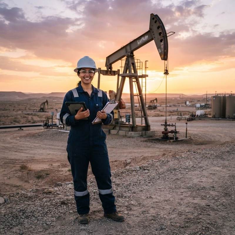 Engineer with a tablet near an oil pumpjack in the desert