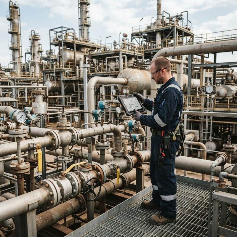 Technician inspecting industrial pipework with a tablet