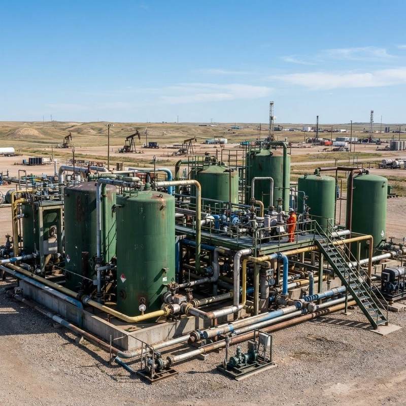 Industrial produced water treatment tanks at an oilfield