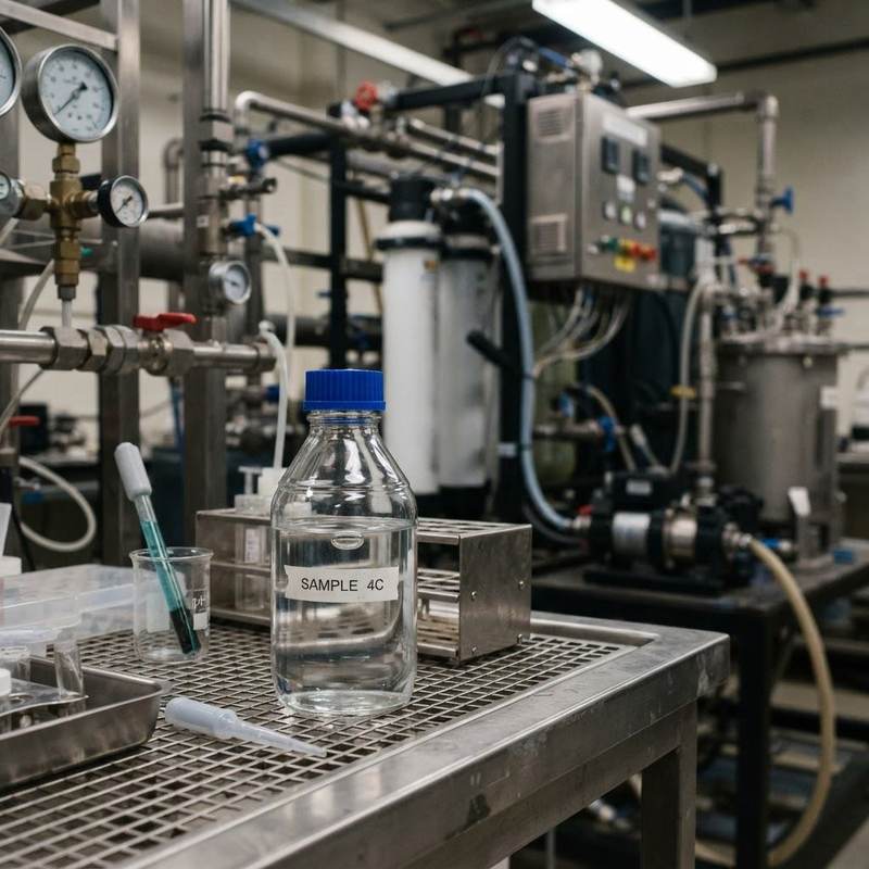 Clear treated water sample next to industrial equipment